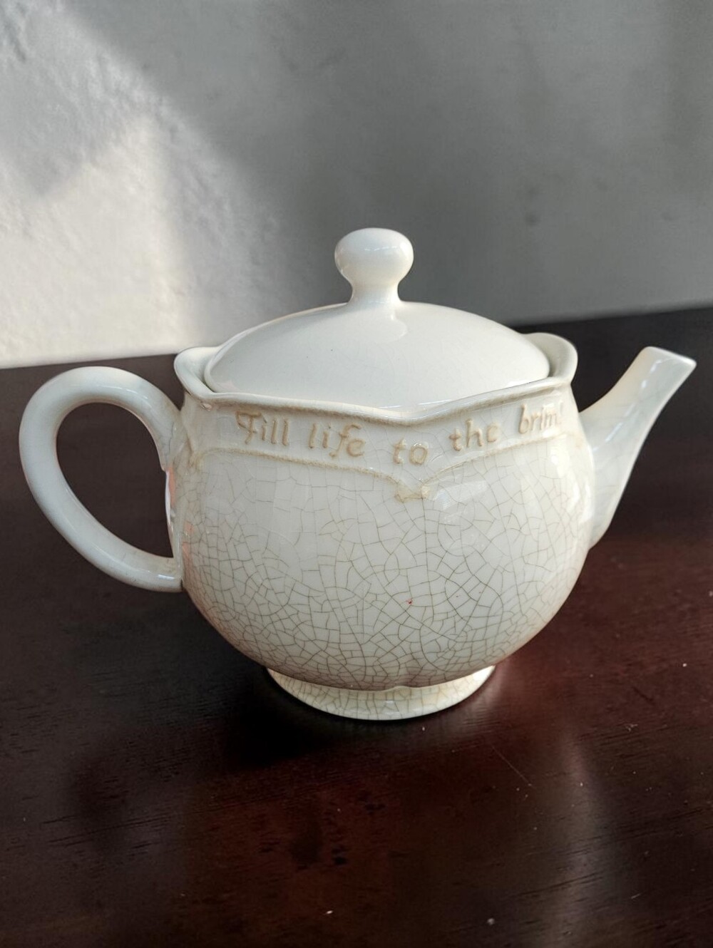 Hallmark Vintage White Ceramic Teapot, Crackle Glaze, 'Fill Life To The Brim' EC